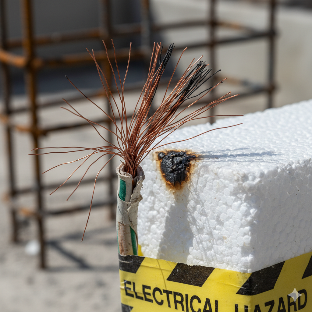Damaged electrical wire reacting with EPS polystyrene foam