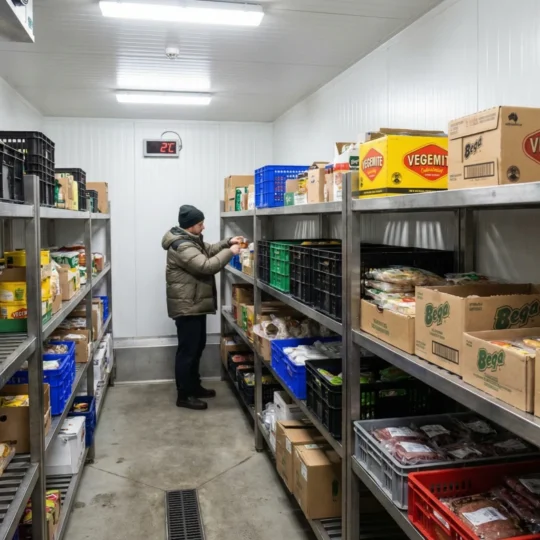 Commercial cool room interior with white EPS insulated panels and stainless steel shelving — Adelaide