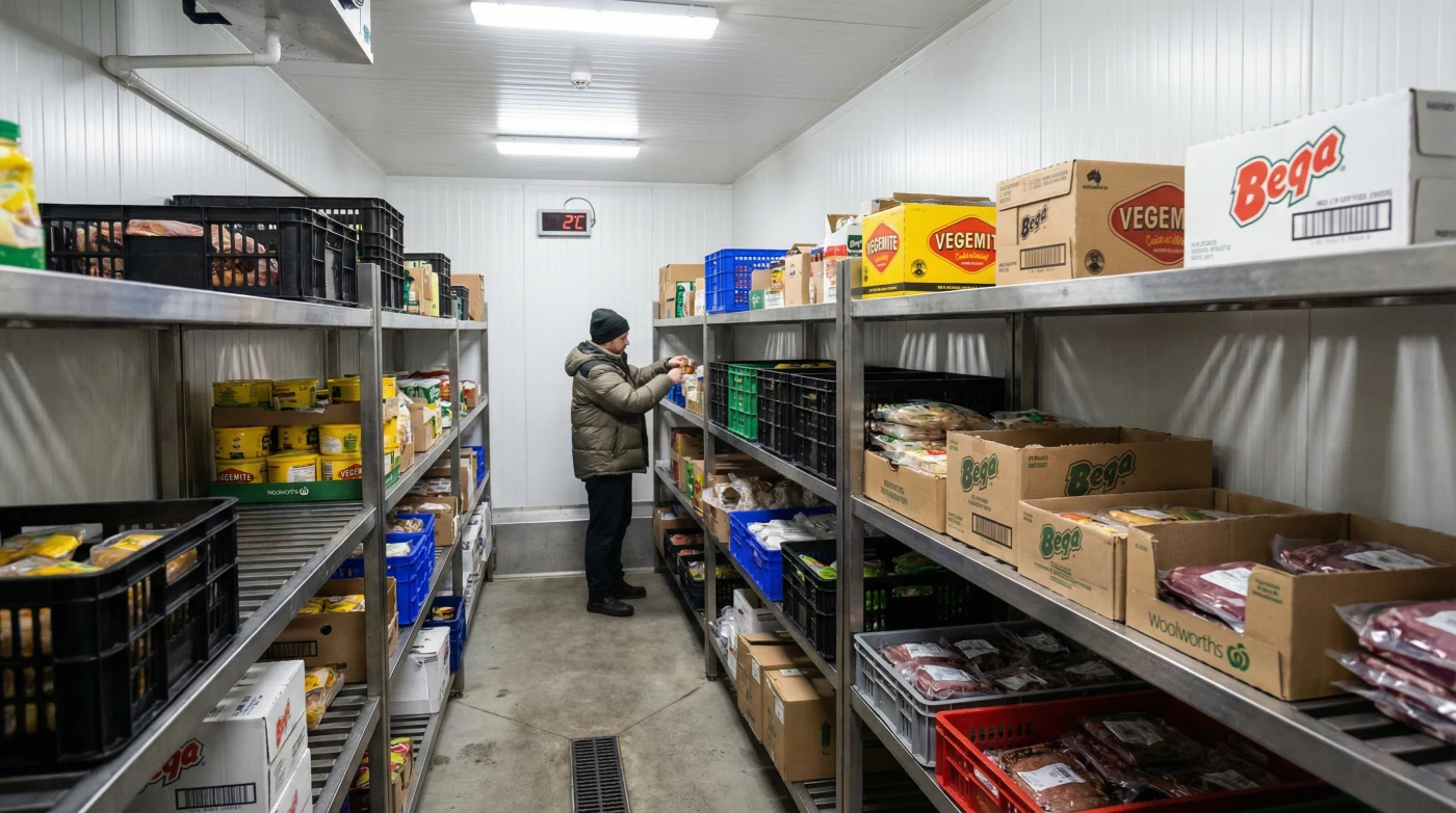 Commercial cool room interior with white EPS insulated panels and stainless steel shelving — Adelaide