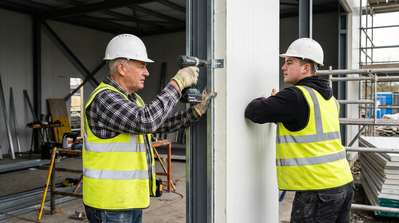Tradesmen installing white EPS coolroom wall panels on commercial site — Cool Room Masters Adelaide