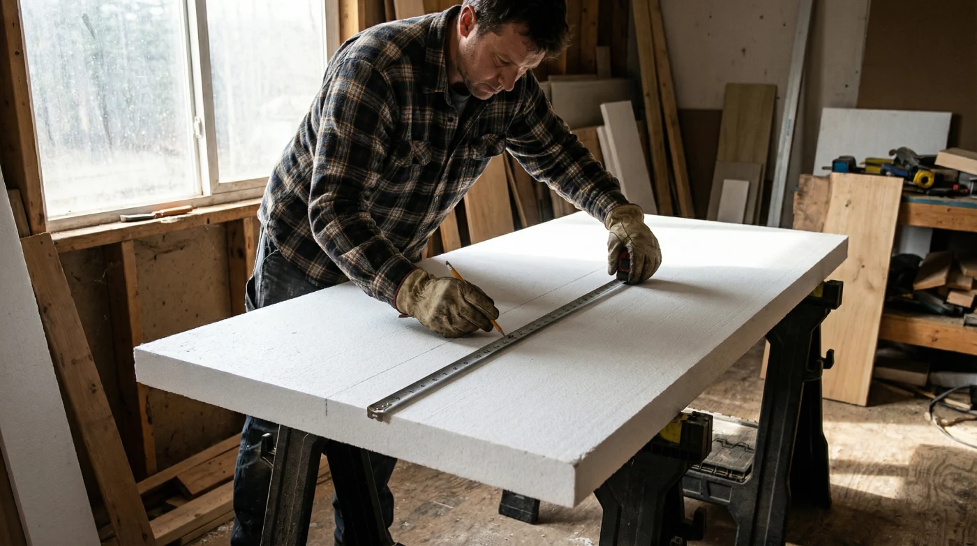 Tradesperson measuring EPS insulated coolroom panel thickness on site — Cool Room Masters