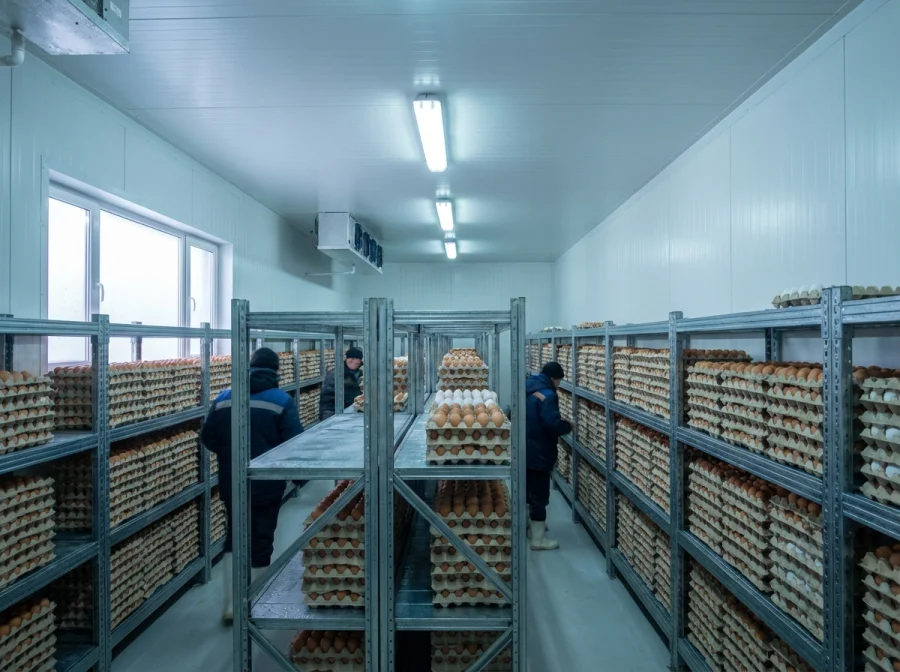 Commercial egg storage room with EPS insulated wall panels and metal shelving — Cool Room Masters Adelaide