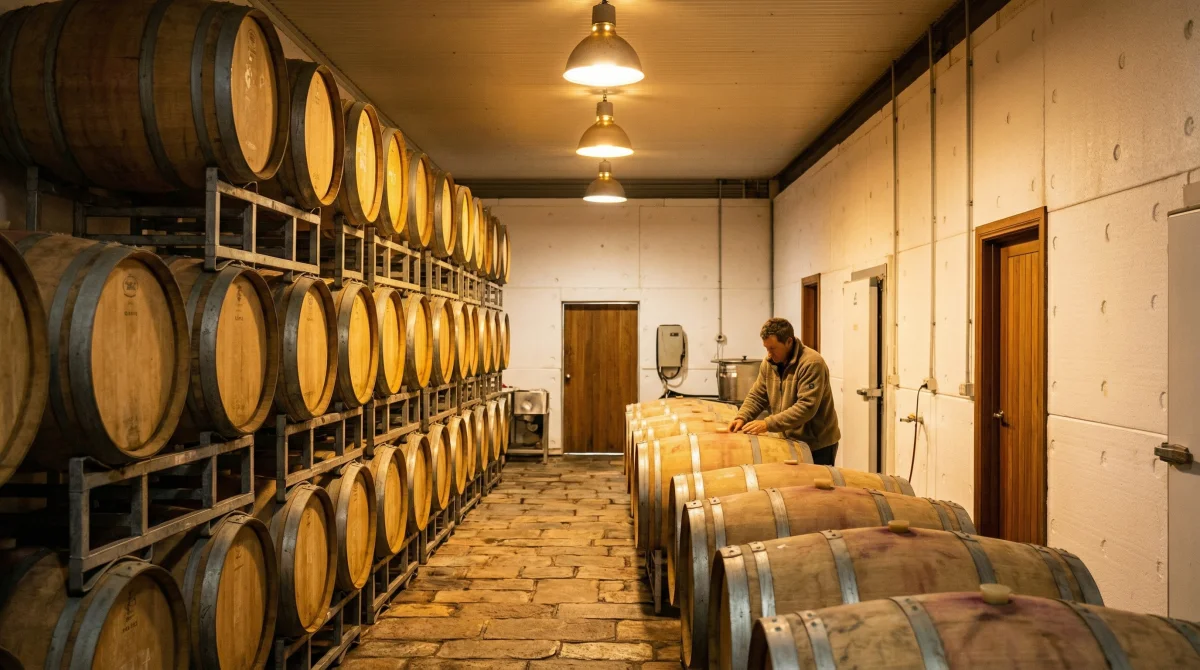 Wine barrel cellar with EPS insulated wall panels — winery cold storage South Australia