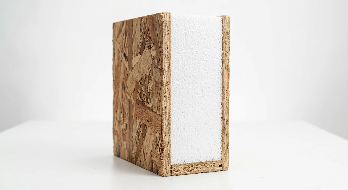 Cross-section of a SIP panel showing OSB structural faces and EPS foam core