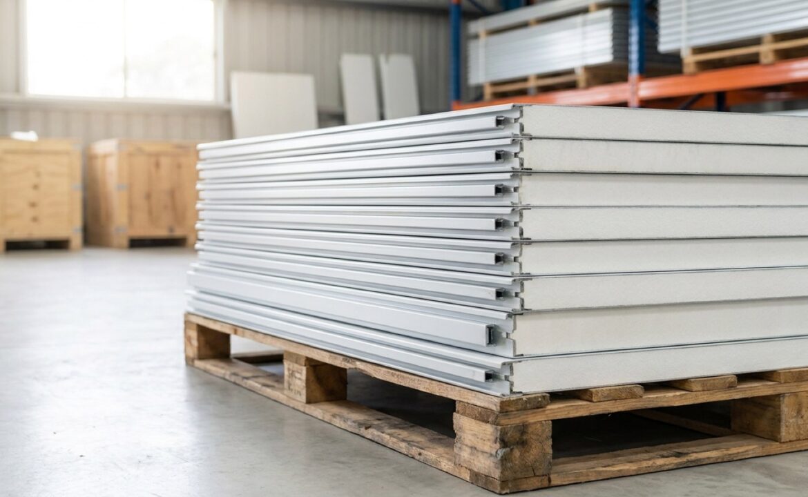 Stack of white EPS coolroom panels with cam-lock interlocking edges on a pallet in an Adelaide warehouse