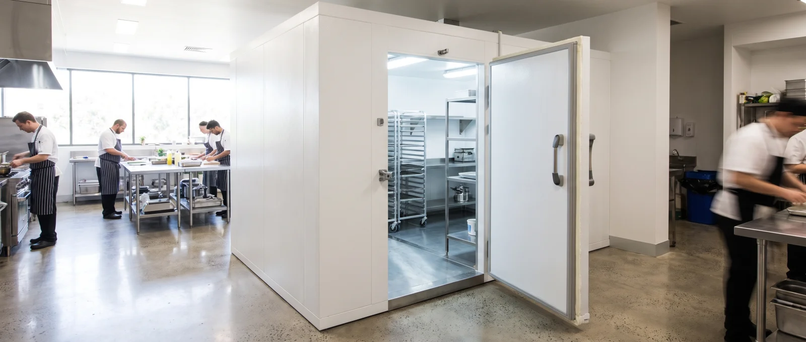 Finished white 100mm PIR coolroom kit with open door showing stainless interior - Cool Room Masters Adelaide