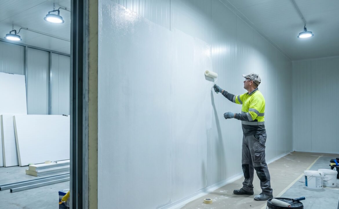 Tradesperson rolling white food-safe epoxy paint onto an insulated cold room wall panel