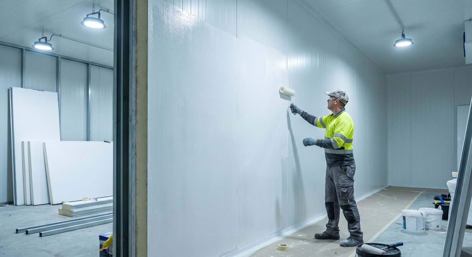 Tradesperson rolling white food-safe epoxy paint onto an insulated cold room wall panel